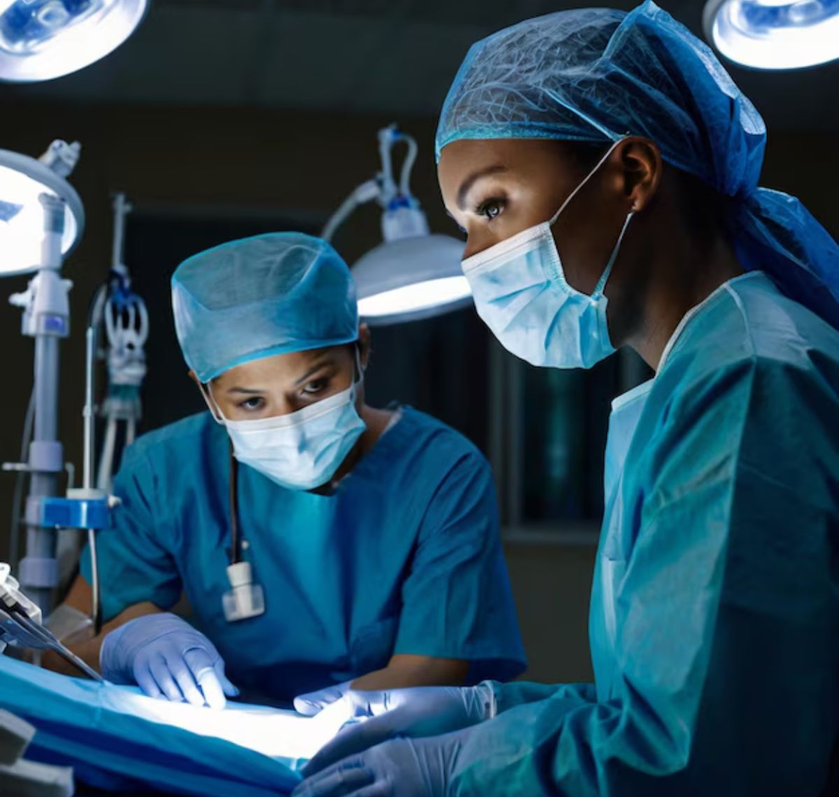 Two female medical doctors in an operating theartre. 